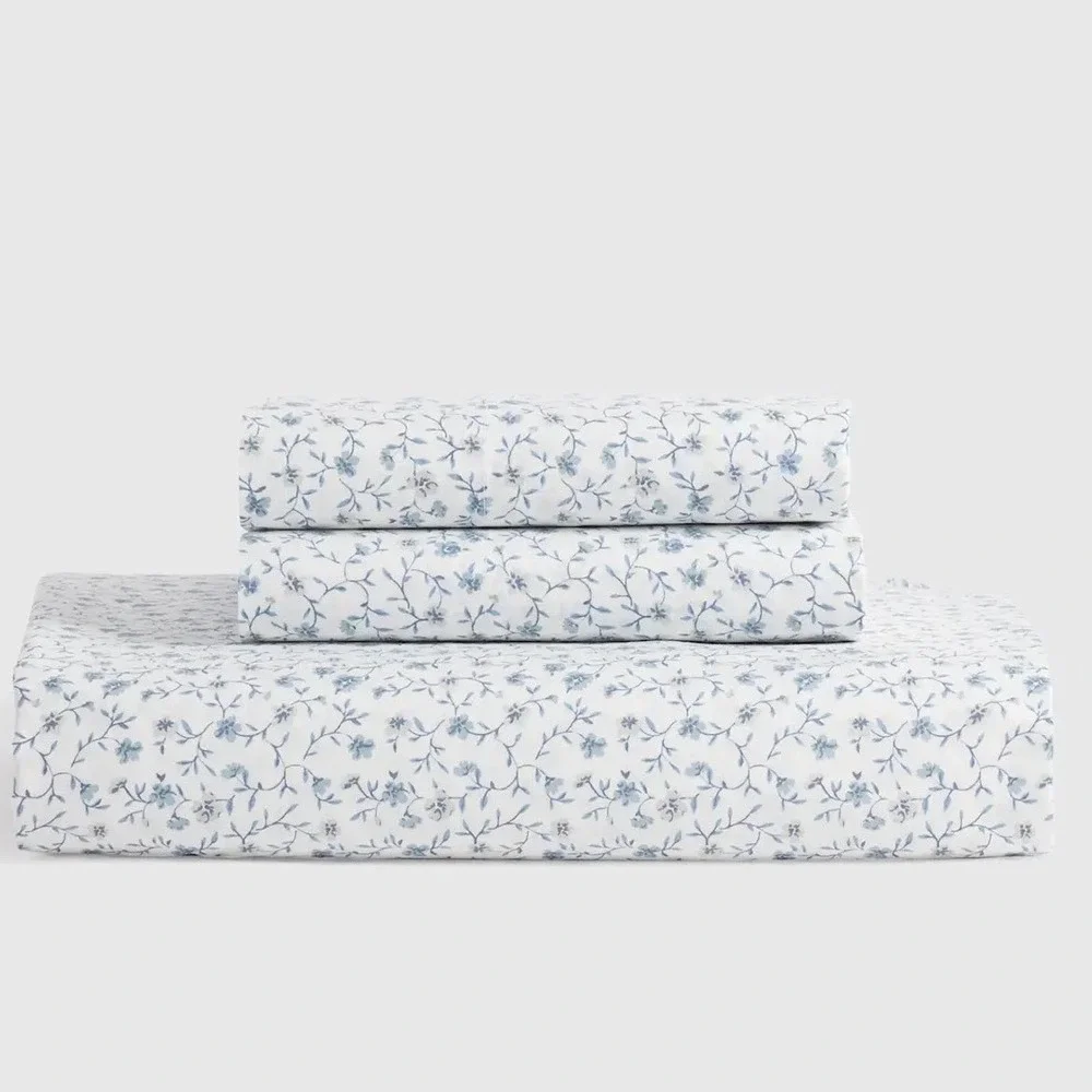 Quince Blue Forette Organic Cotton Sheet Set And 2 Pillowcases Size Full Floral